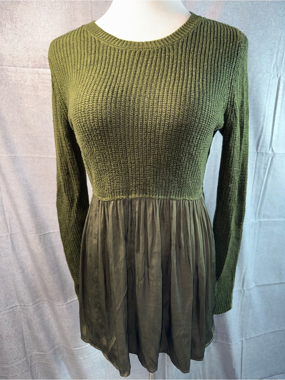1845-Hooked Up by IOT Olive Green Knit & Chiffon Long Sleeve Top
